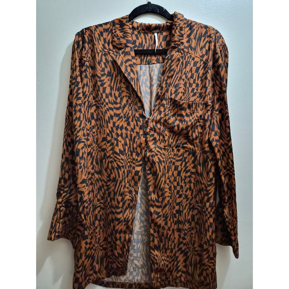 Free People Boho Geometric Print Tunic Blouse Orange Black Size 8 Long Sleeve